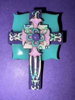 Hard To Find Vintage Lucinda ~ Exquisite Cross Pin / Brooch  ~ Shades Of Purple And Turquoise With Glitter On The Light Purple Color ~ Beautiful!