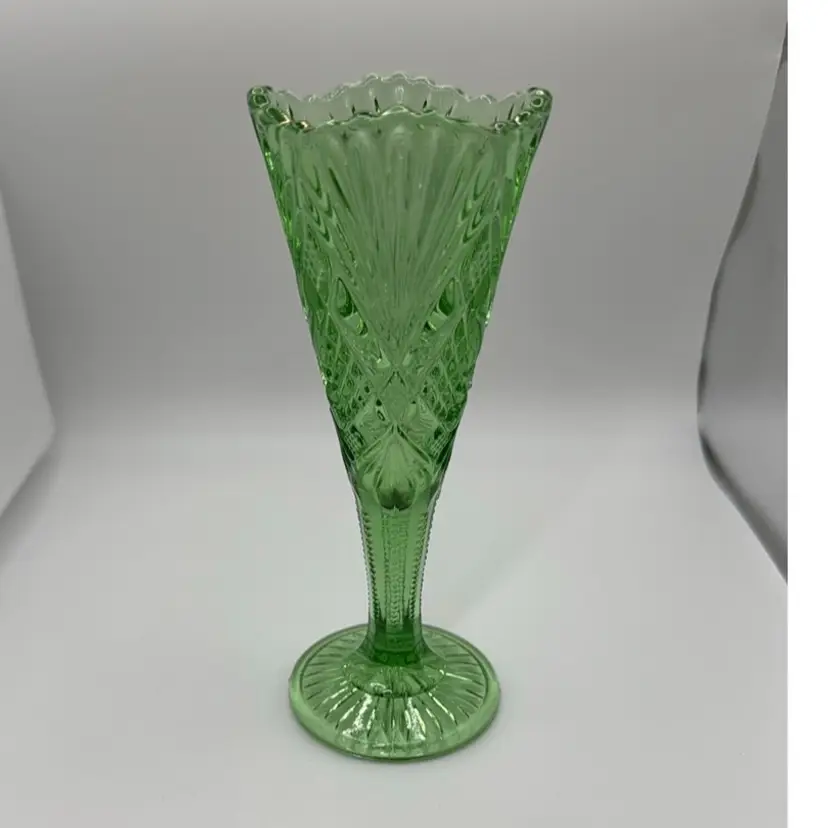 EAPG Greentown Glass Pattern #75 Emerald Green Gold Edging 6” tall