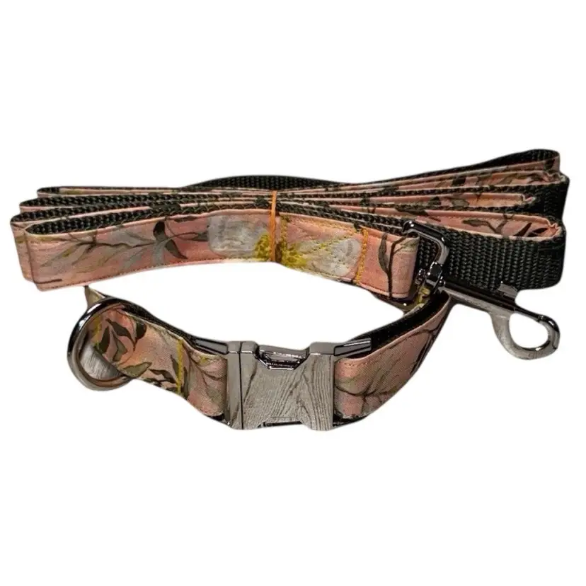Dog Collar & Leash Yellow & Peach Color Flower Print Large Handmade Heavy Duty Metal Buckle NEW