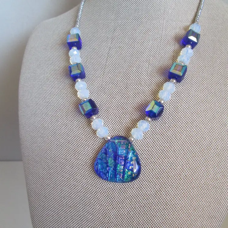 Stunning Iridescent Blue Pendant Necklace with Czech Glass Beads