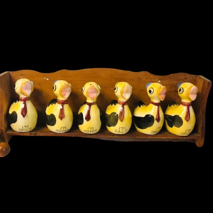 Six Ceramic Yellow Duck Duckling Spice Shakers Jars