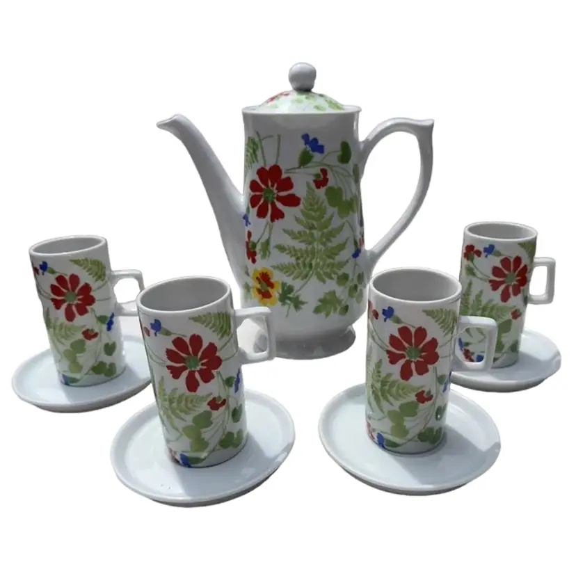 MCM Bright Floral Teapot W/4 Cups 4 Saucers Cheerful Hip Funky 10 Pc Set