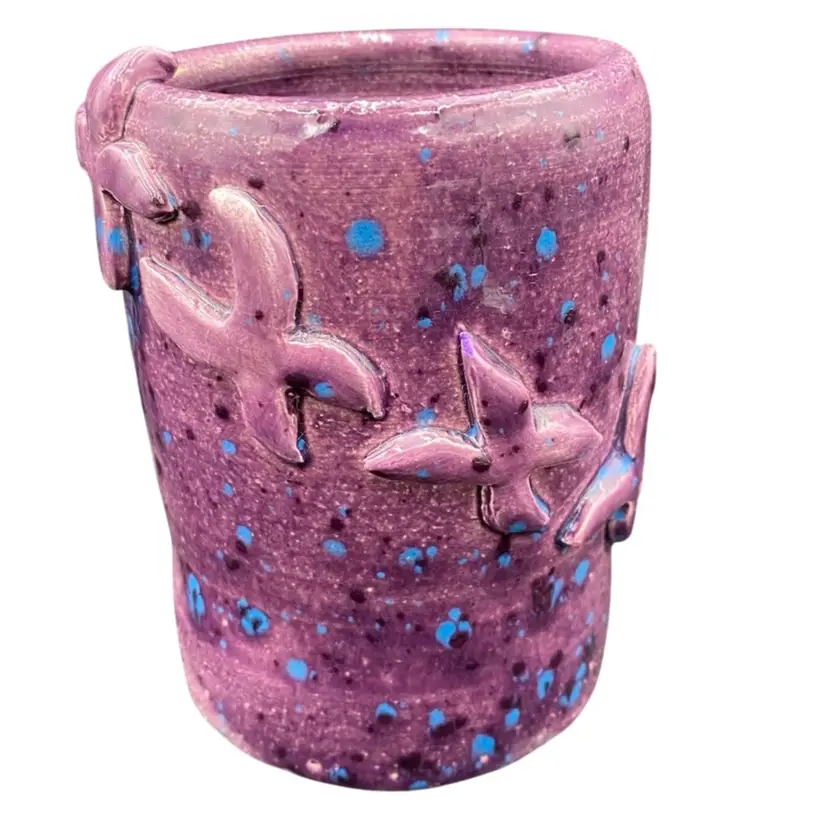 Handmade Purple and Blue Dots Studio Pottery Cup/Vase, Signed Turtle & Finch