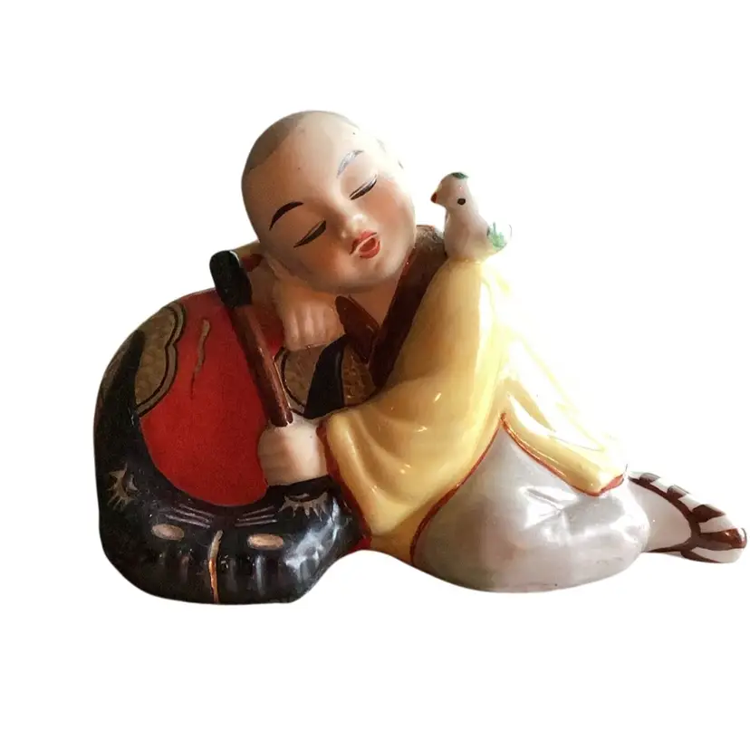 Vintage Hand Painted Chinese Mudman Or Mudboy Figurine With Drum And Bird 6 X 4 Inches