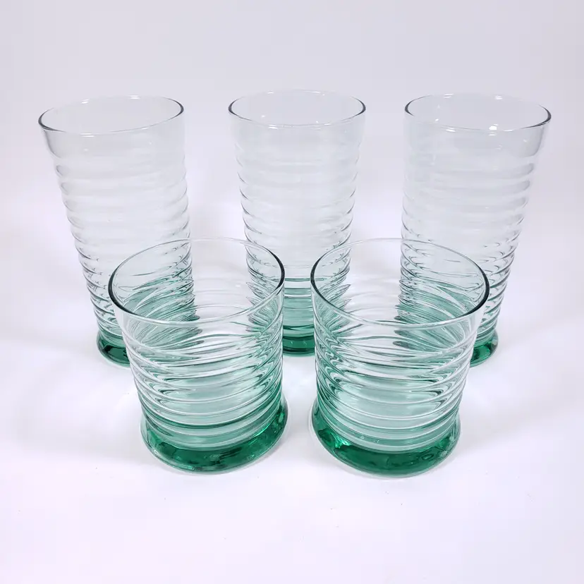 LIBBEY Sirrus Spanish Green Ribbed Double Old Fashioned & Tumbler GLASS SET