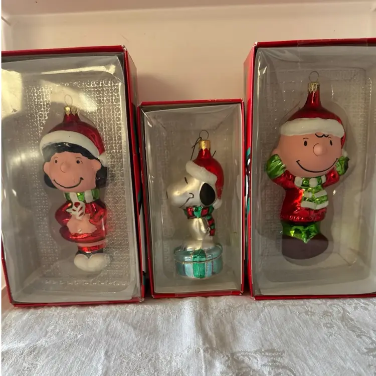 PEANUTS UFS HAND BLOWN SET OF 3 ORNAMENTS CHARLIE SNOOPY LUCY 5.5 Kurt Adler New