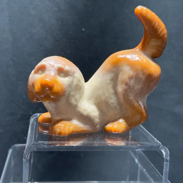 #1611 Chocolate Slag Glass Crouching Playing Puppy Dog  Figurine