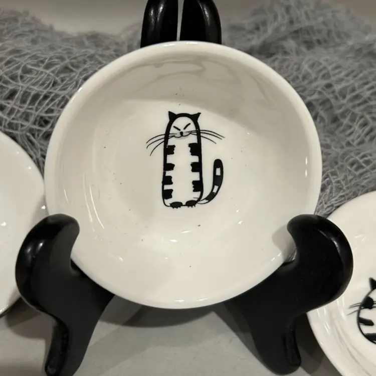 Six Teeny Cartoon Cat Dishes Line Drawing Kitty Cats Mini Pet Bowls