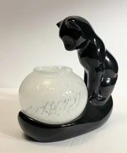 Vintage  Pottery Black Cat Sculpture with Fish Bowl Plant Holder 9"