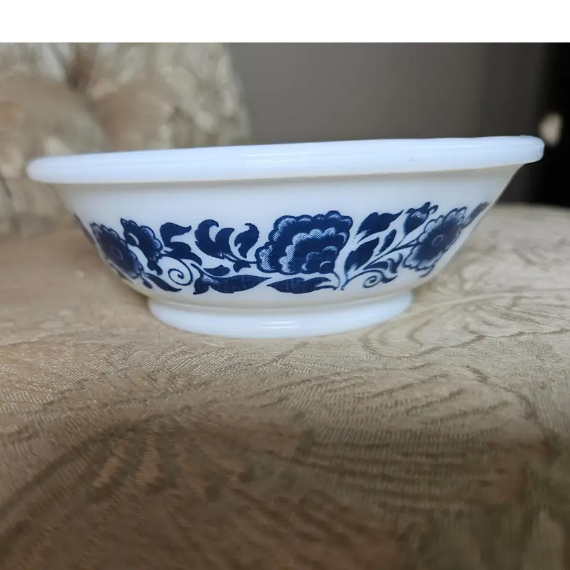 Vintage 1970's Avon Blue Floral Milk Glass Bowl
