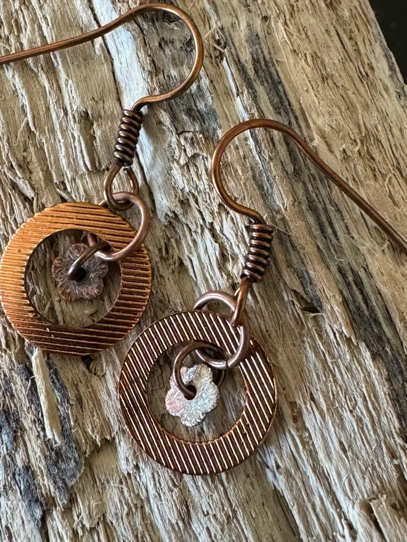 #16 Petite Circle And Flower Earrings Mixed Metal Copper And Bronze Dangle 1/2”
