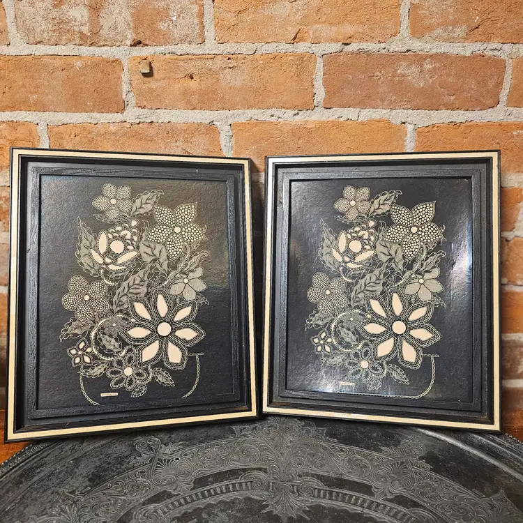 Pair Vintage 1969 KIMBERRY Black Floral Wall Art Plaques Mid Century Modern