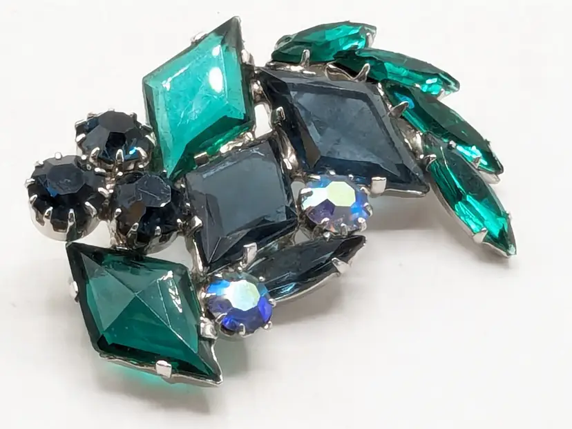 Vintage Silver Tone Faux Emerald and Sapphire Rhinestone Brooch