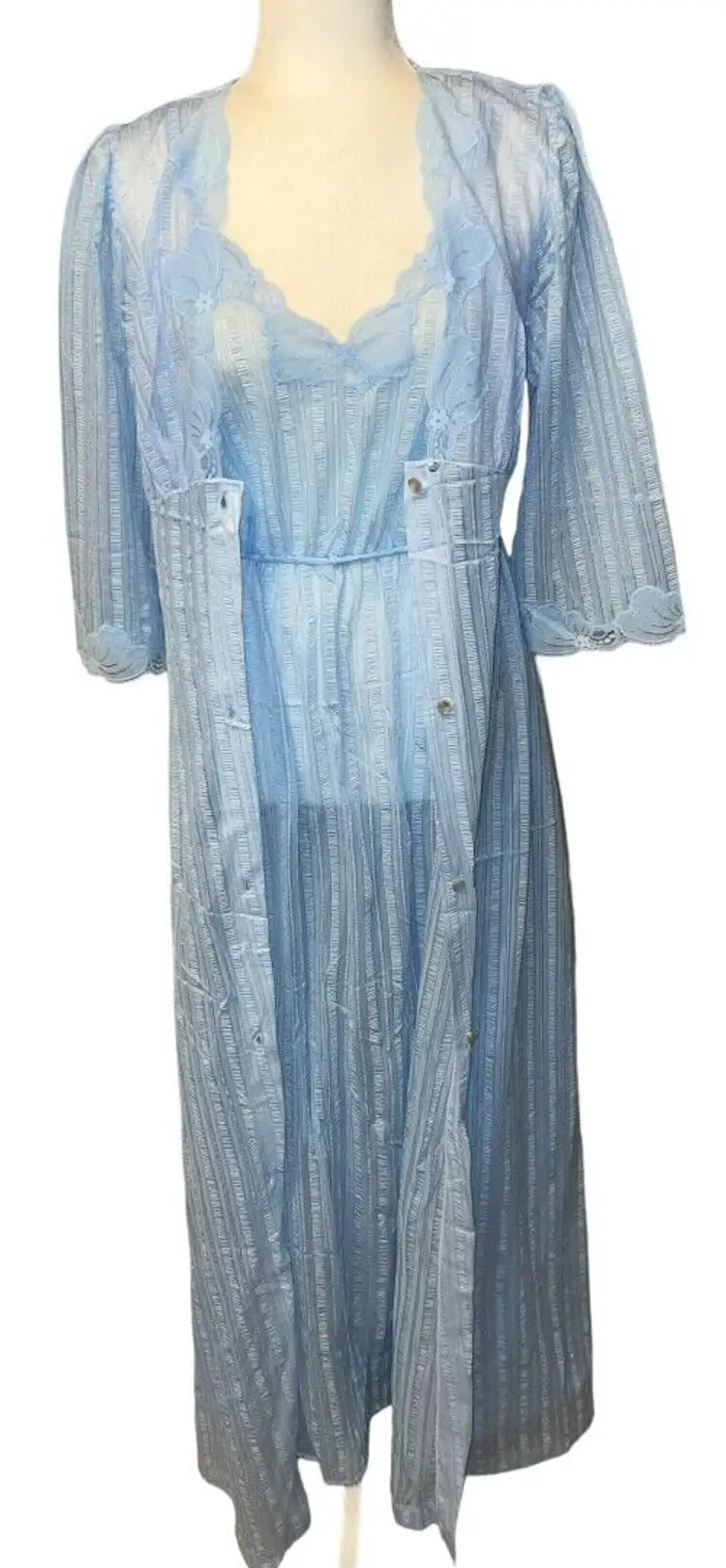 Vintage 80s/90s Blue Lorraine Nylon Tie Back Nightgown & Robe Set Size Medium