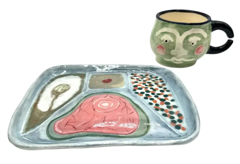 Signed Dust Bunny Art Pottery Plate Coffee Mug Cup Set TV Dinner Face Quirky