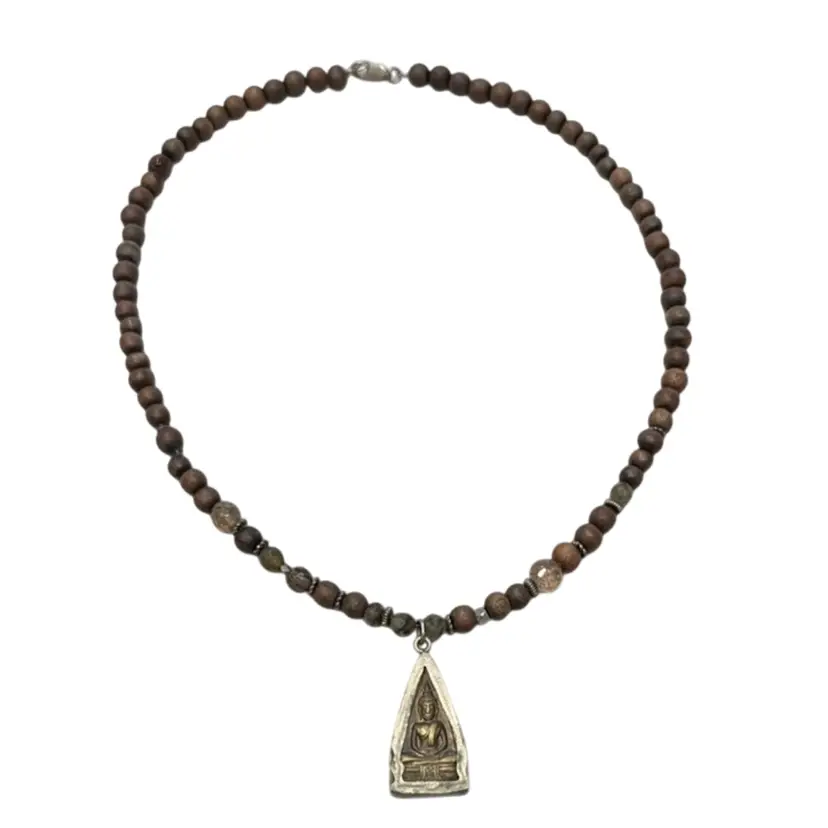 Unique Handmade Double Sided Buddha Pendant 1.25”Necklace With Natural Stone Wood Beads Sterling Silver Clasp 18”