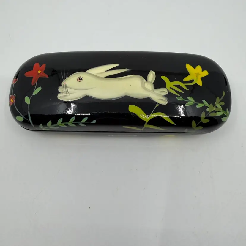 Vintage Hand Painted A.J Morgan Reading Glass Eyeglasses Case Rabbit & Leopard