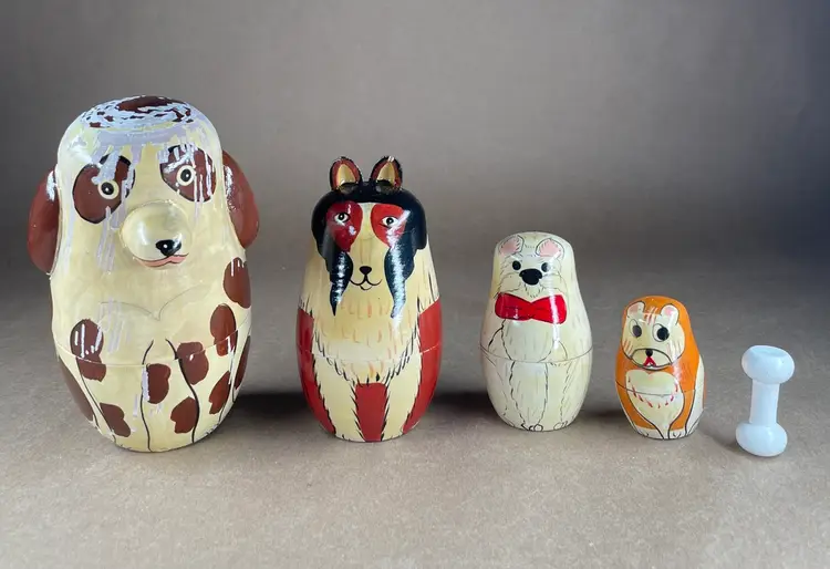 Hand Painted Wooden Nesting Dogs with Bone