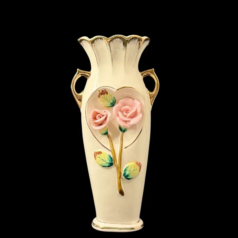 Vintage Rosebud Vase White Porcelain Pink Rosebud’s Gold Accents 
8-1/4” T x 3” W