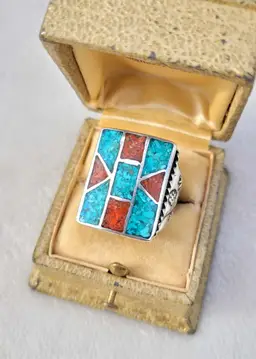 Vintage Turquoise Coral Sterling Silver Native American Men's Ring Sz 9.75 - 13g