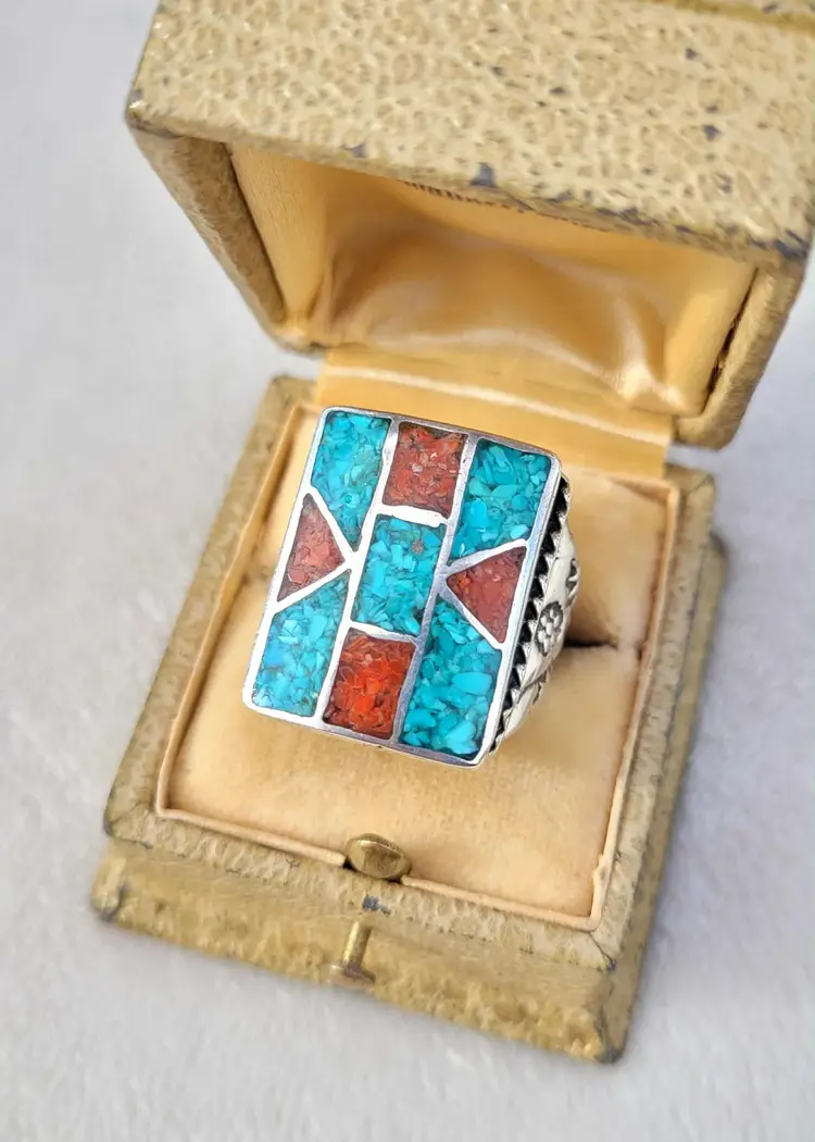 Vintage Turquoise Coral Sterling Silver Native American Men's Ring Sz 9.75 - 13g