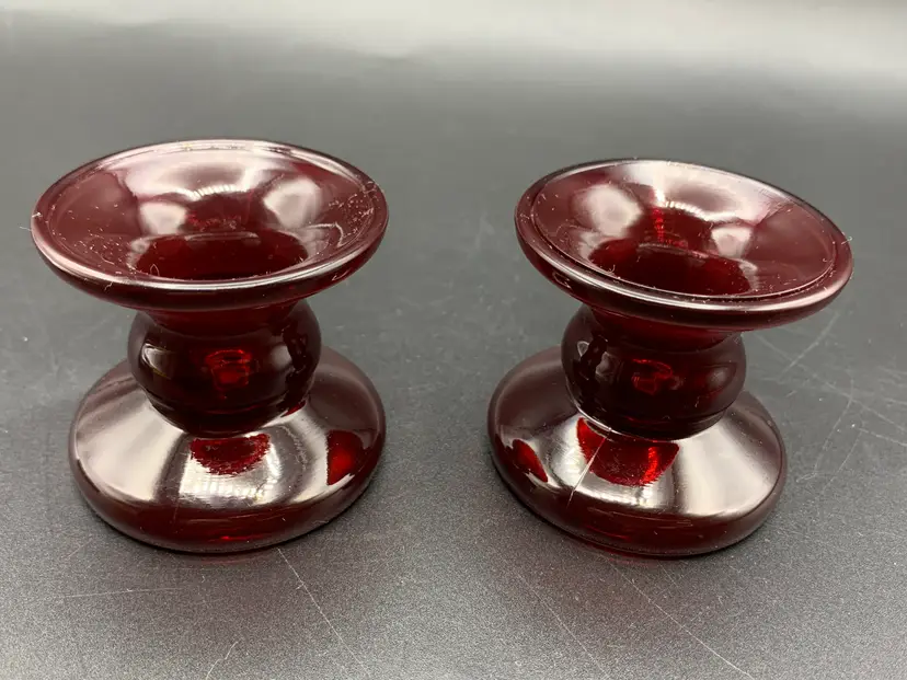 #51 - Vintage Ruby Red Taper Candle Holders Depression Era 1930's~ 50's