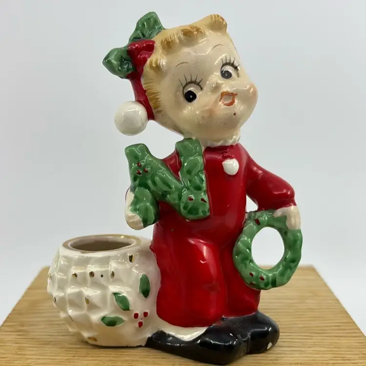 Commodore Japan NOEL Red Pajama Girl Candle Holders 4.5”