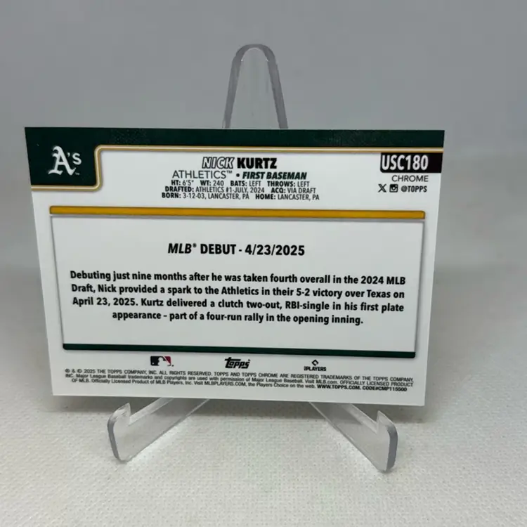 2025 Topps Chrome Update Nick Kurtz Rookie Debut #USC-180 A’s