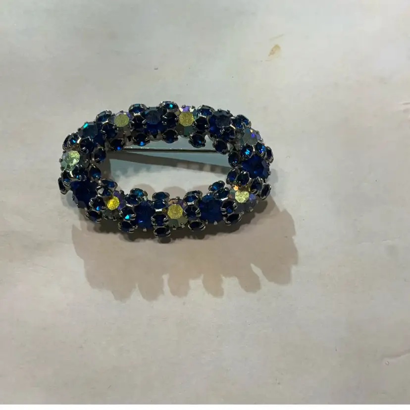 Vintage Blue And Clear Rhinestone Oval Brooch