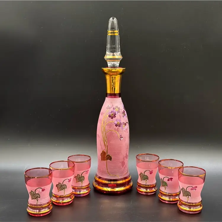 #01 Vintage Bohemian Decanter Set Czech MCM Cranberry Glass With with gold trim Some Satin Finish Flower And Leaf Art Hand Painted Czech