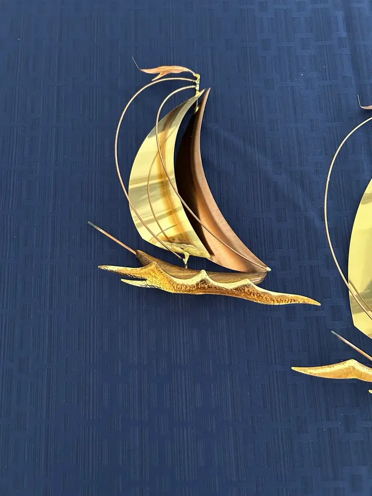 MCM Copper Brass And Wood Sailboat Wall Decor Set Of 2. Measurements In Pics.