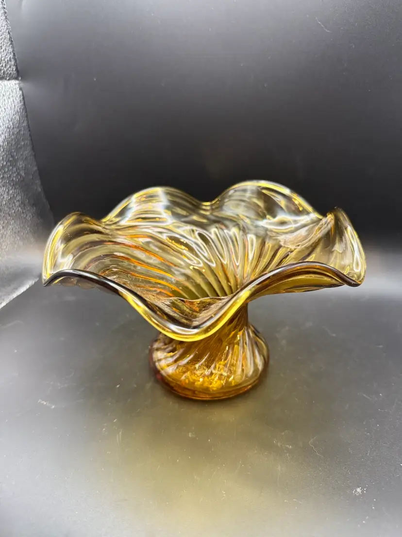 MCM Wavy Amber Glass Pedestal Bowl