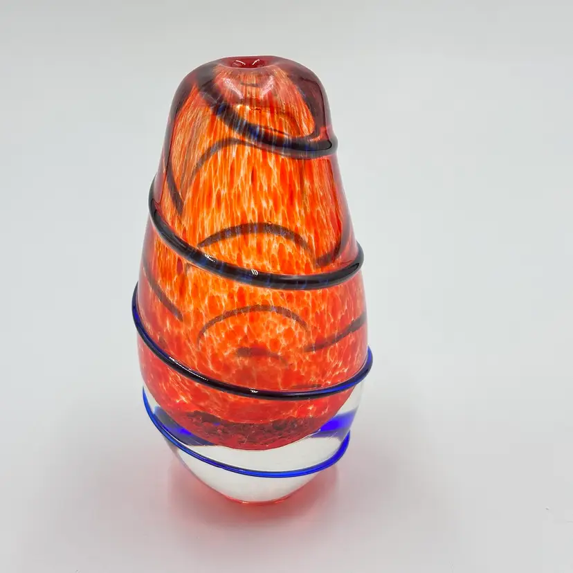 Art Glass Orange Speckled Cobalt Blue Applied Stripe Perfume Bottle No Stopper