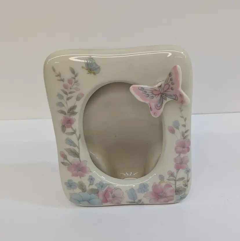 Vintage Takakashi Porcelain 3D Butterfly Picture Frame Pink and Blue Flowers
