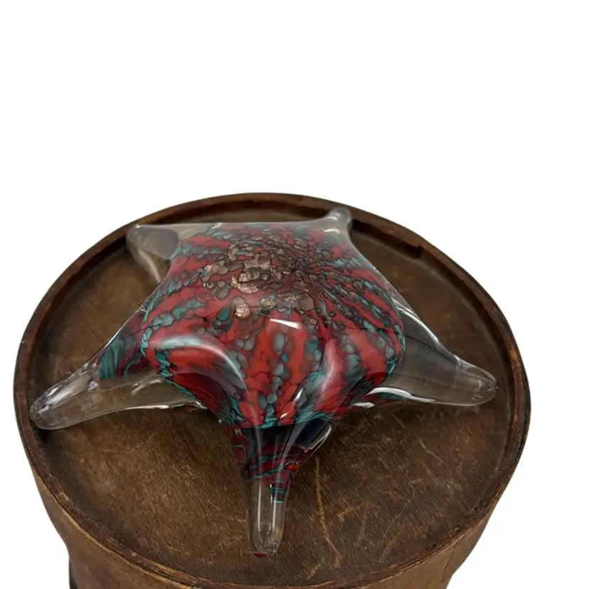 AGW Art Glass Paperweight “Sea Urchin In Starfish” Dichroic Gold Spatter, Red & Marine Blue Sea Urchin Interior Clear Glass Cased - Paperweight - 4.5” Diameter