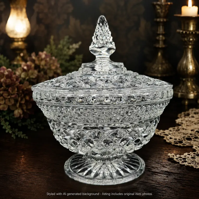 Vintage Lidded Candy Dish Glass Covered Anchor Hocking Wexford Pedestal Compote