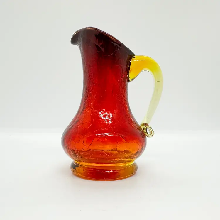 Vintage Art Glass Mini Pitcher Vase Amberina Crackle 3.5"