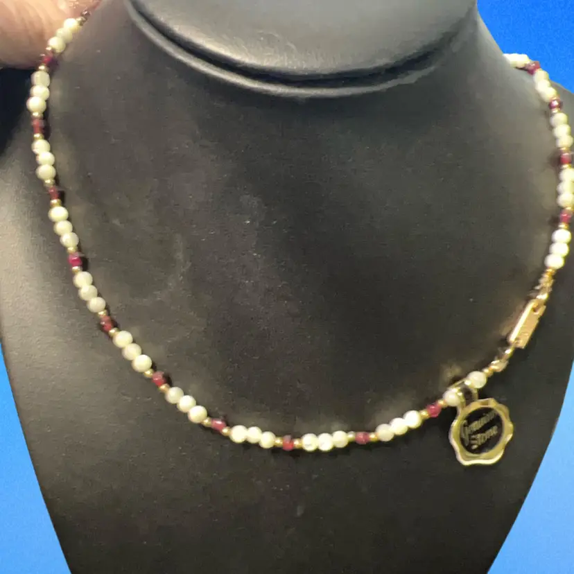 Vintage Hobe Moonstone, Gold Bead Spacers, And Garnet 24” Necklace , Original Tag