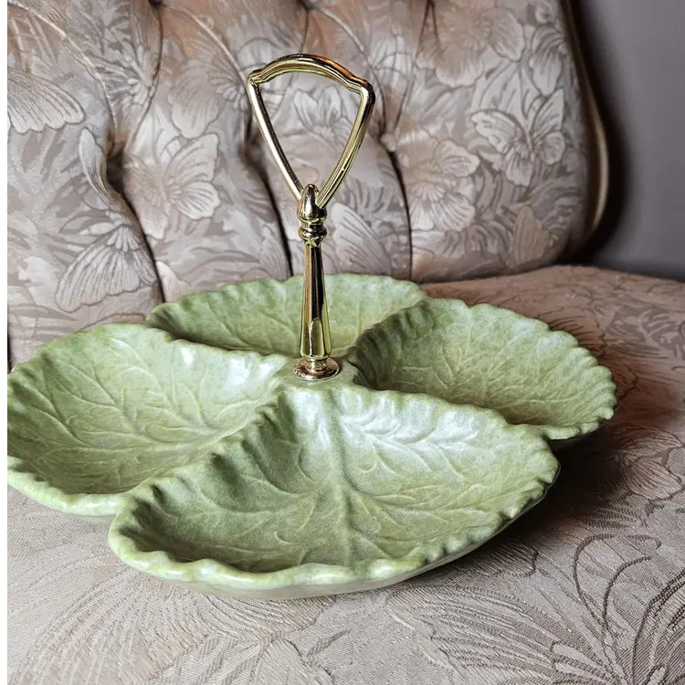 Haeger Leaf Dish 4 Divide, Green Cabbage Type Leaf Compartments, Center Gold Tone Handle 8044-H