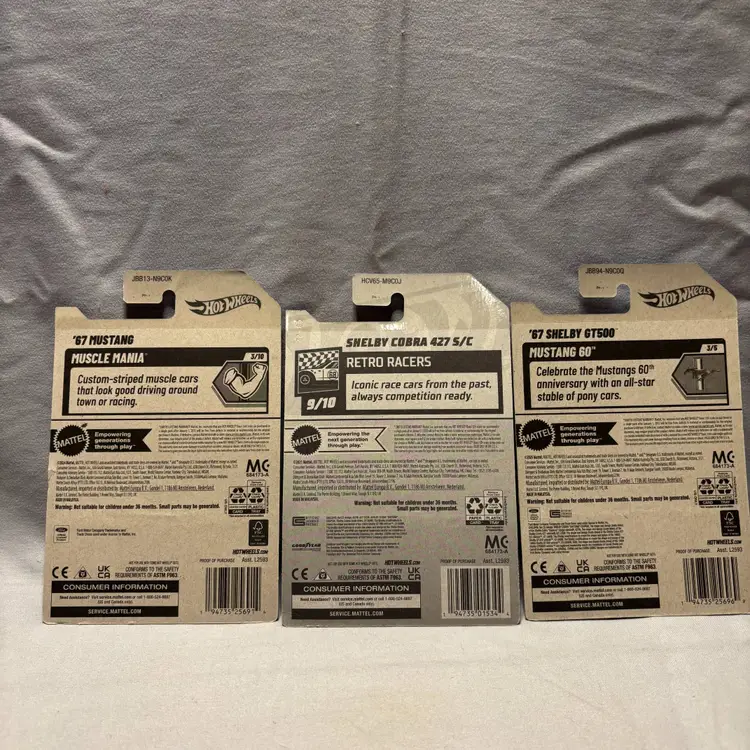 Lot of 3 Hot Wheels 67 Mustang, 67 Shelby GT500 and Shelby Cobra 427 S/C NEW