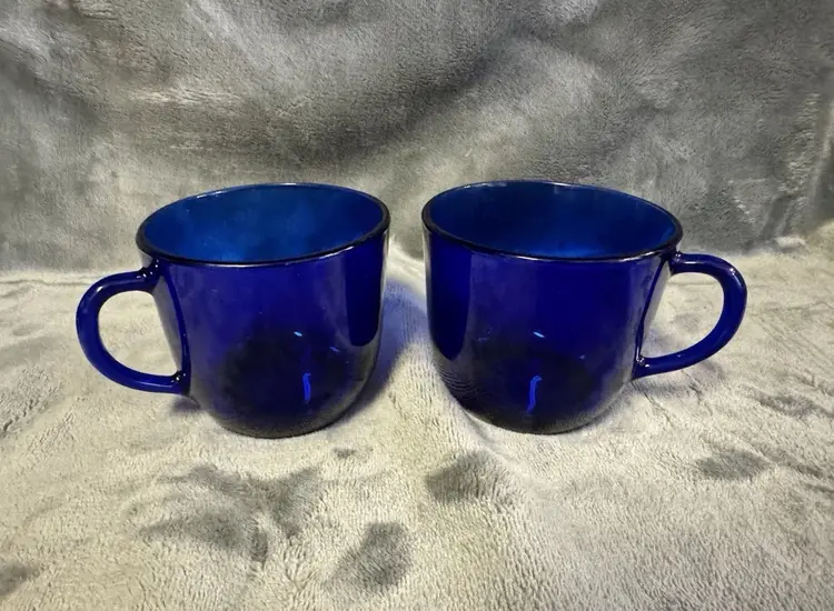Vintage Arcoroc Set of 2 Cobalt Blue Glass Tea Coffee Cup Mug Made in France MCM