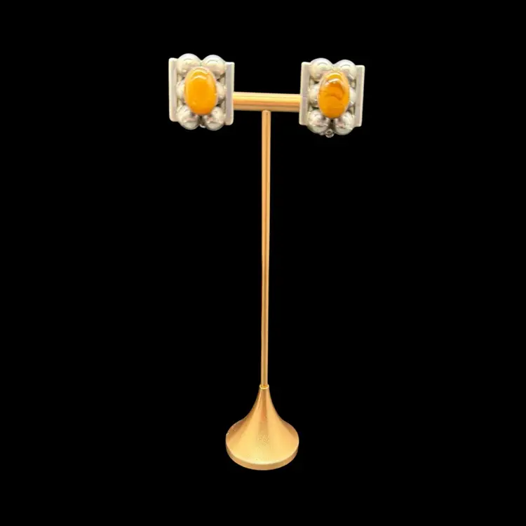 Taxco Mexico Sterling Silver Egg Yolk Butterscotch Amber Clip On Earrings As Is