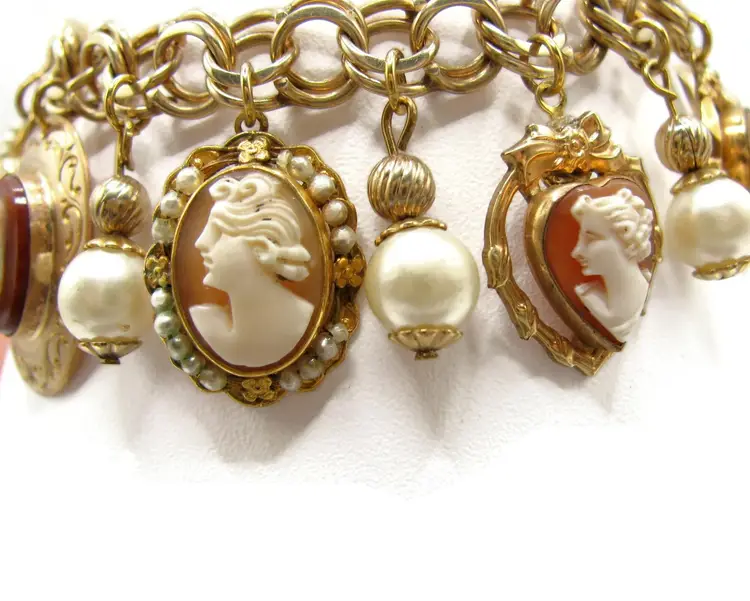 Fab GF Shell CAMEO Charm Bracelet Victorian Revival Gold Filled OOAK