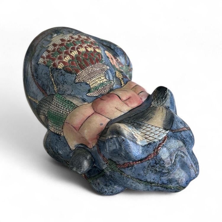 Vintage Blue Kutani Ceramic Sleeping Cat Figurine