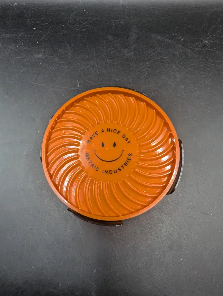 Vintage Ritepoint Advertising Set of 6 Plastic Coasters Metric Industries Mid Century With Smiley Face.
