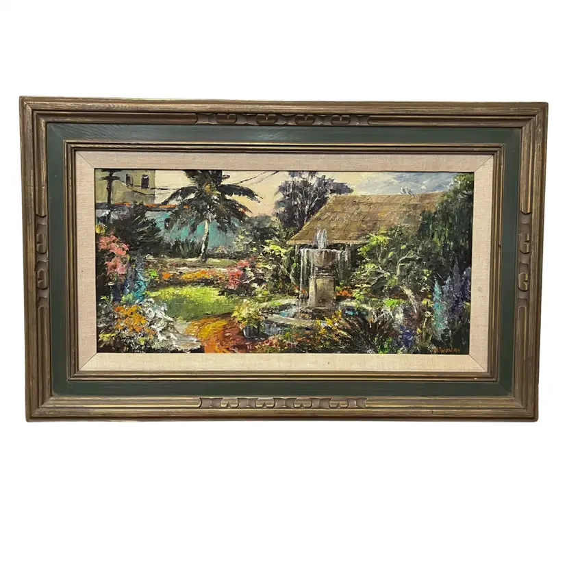 Vintage Mexican Oil Painting Framed Tropical Coastal Art Mid-Century Decor 32x20