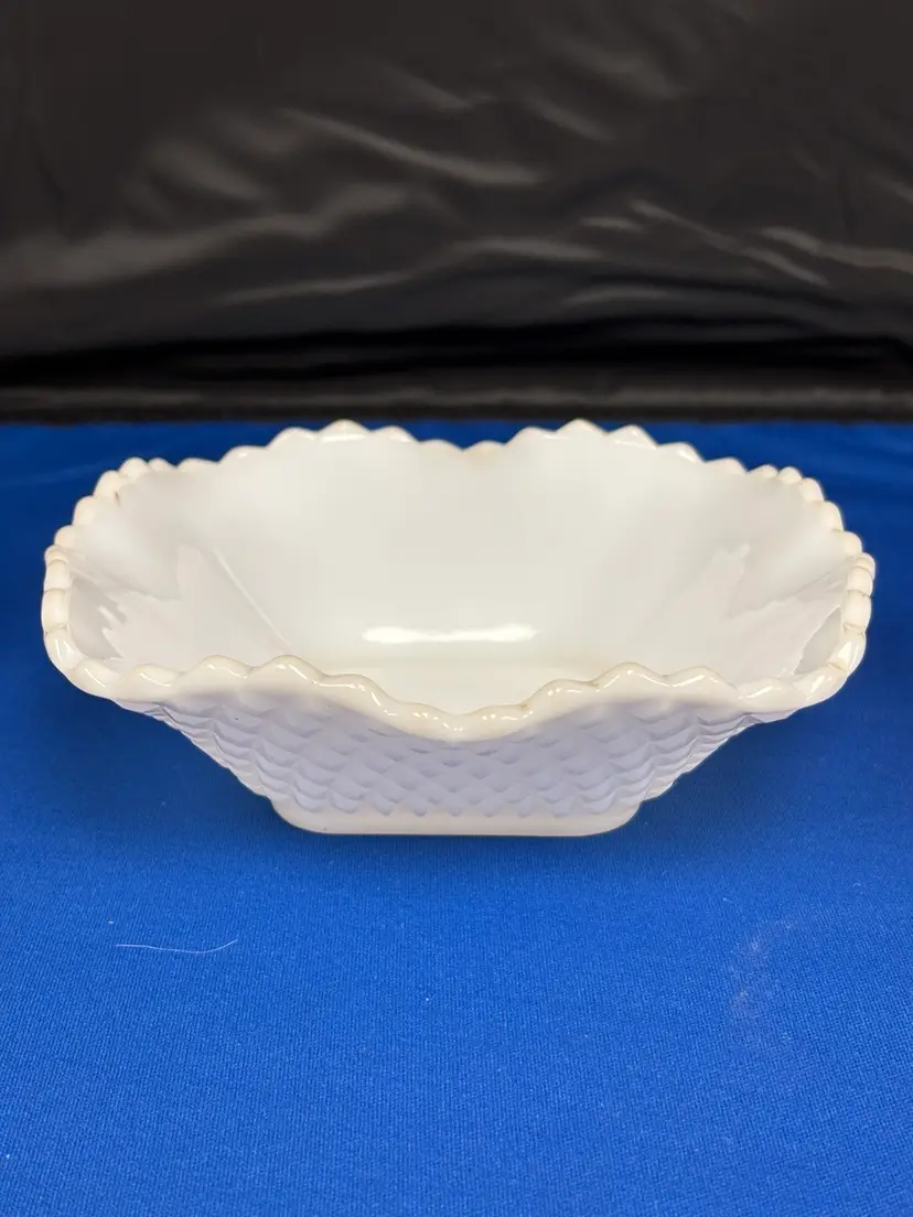 Indiana Diamond Point White Milk Glass Square Ruffled 6" Candy Dish/Bowl