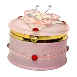 Pink Glass Jewelry Trinket Box.  Cute Butterfly Topper, Ribbons, Faux Bejeweled. Brass Banded. 3” Diameter x 1-3/4” Tall. See Condition Photos.