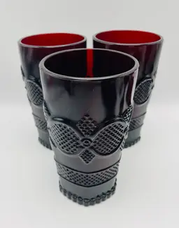 Avon, Set of 3, Vintage 1876 “Cape Cod” Ruby Red Pressed Glass Tumblers