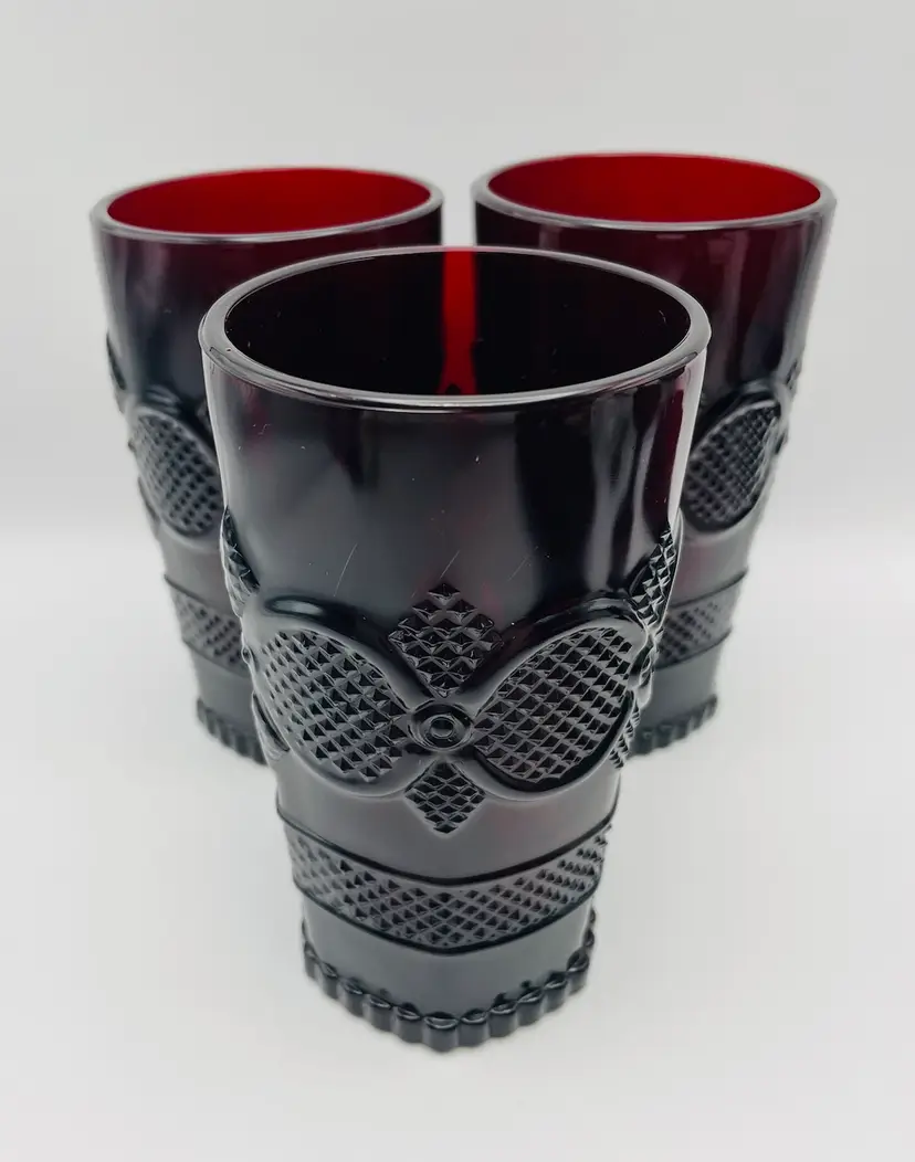Avon, Set of 3, Vintage 1876 “Cape Cod” Ruby Red Pressed Glass Tumblers